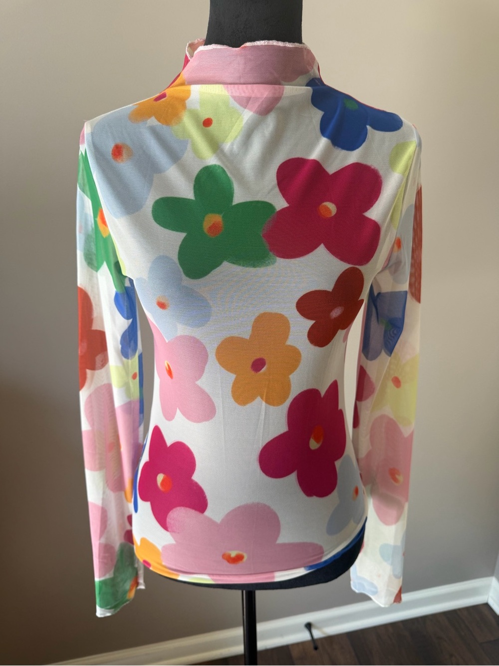 Colorful Retro Flowers Long-Sleeve Sheer Mesh Mock Neck Top SM